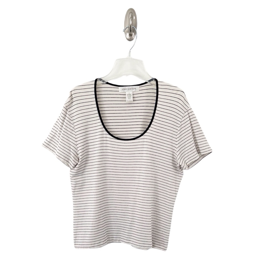 Jones New York Vintage Black and Cream Short Sleeve Scoop Neck Knit Top Size L